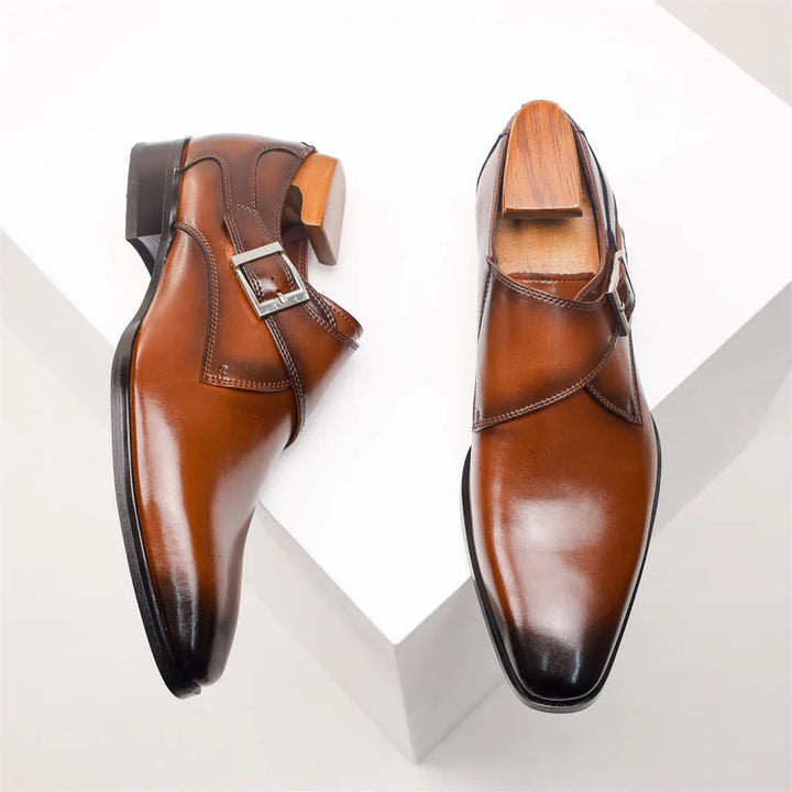 Men's Leather Monk Strap Shoes with Buckle Closure