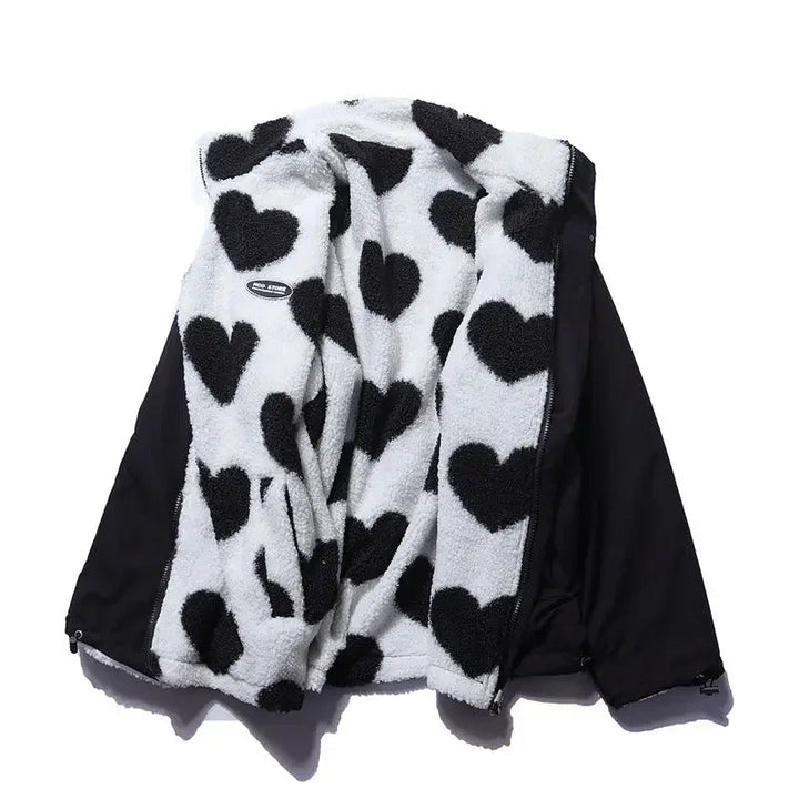 Women's Fleece Jacket with Zipper and Heart Pattern