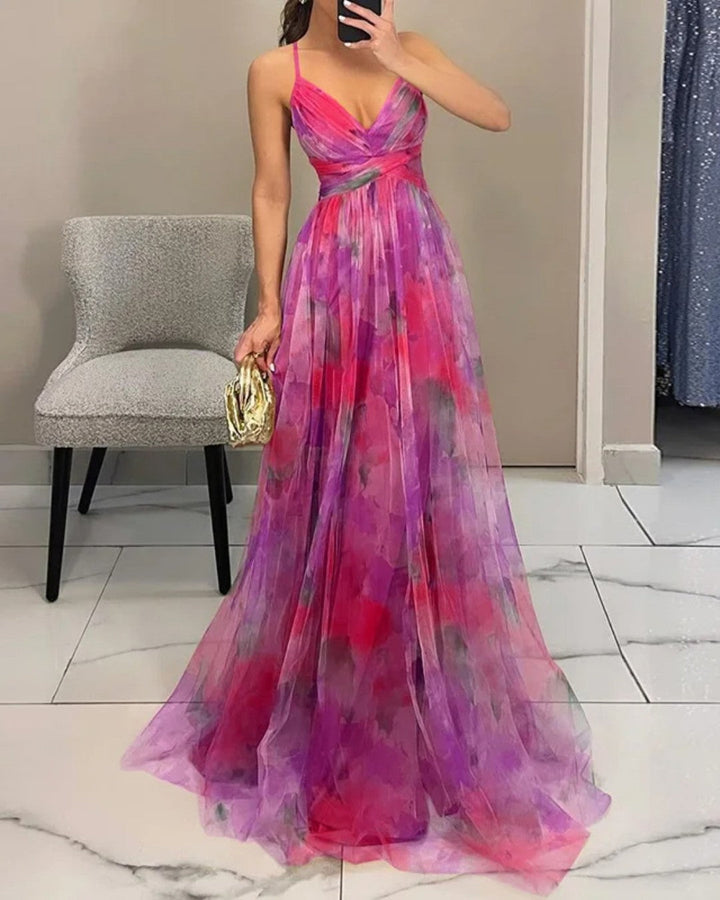 Boho Watercolor Maxi Dress with V-Neck