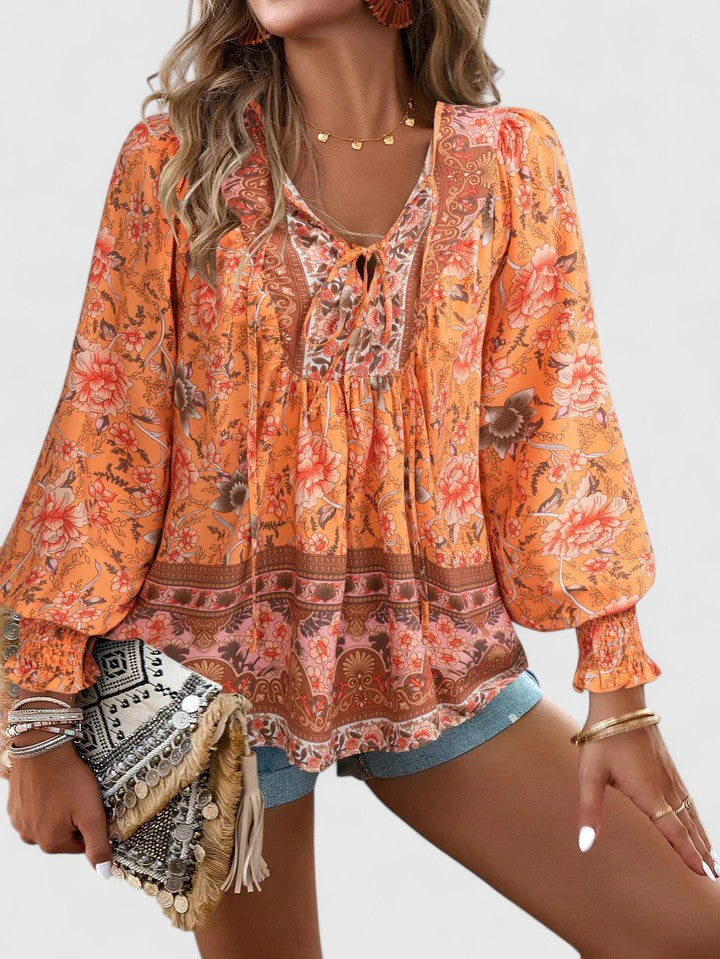 Maya | Women's Boho Floral Long Sleeve Peasant Top