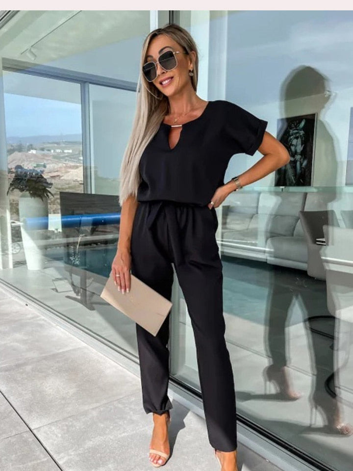 Women’s Elegant Two-Piece Set with Short Sleeve Top and Belted Pants