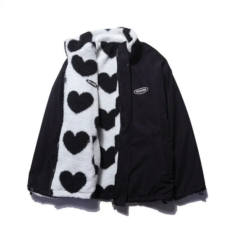 Women's Fleece Jacket with Zipper and Heart Pattern