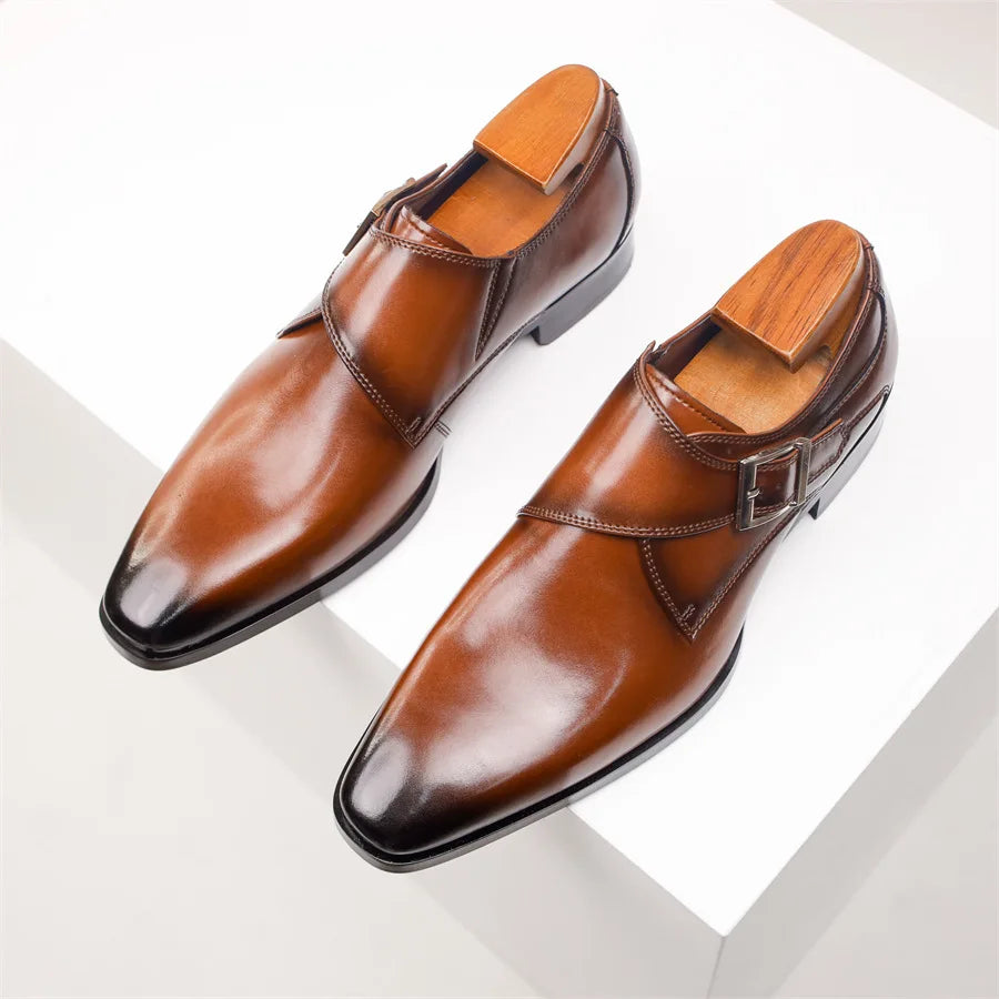 Men's Leather Monk Strap Shoes with Buckle Closure