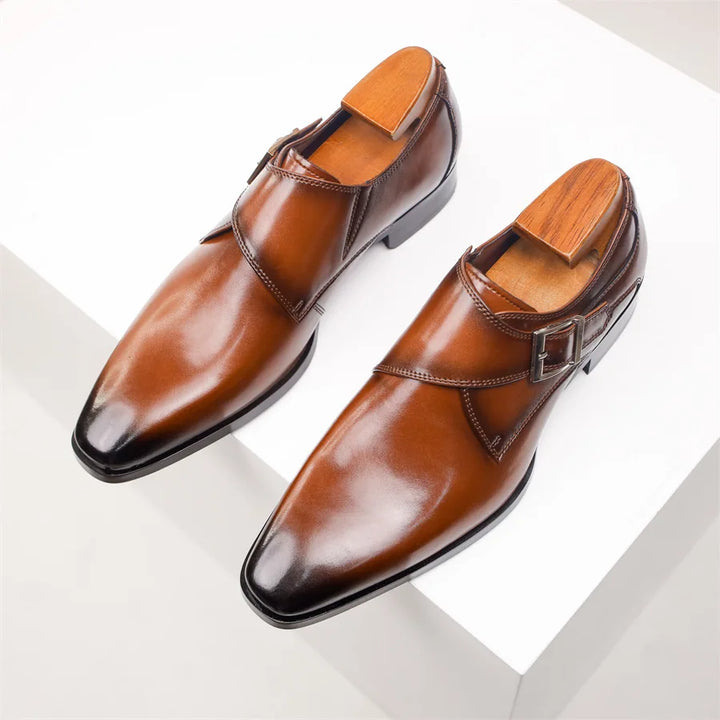 Men's Leather Monk Strap Shoes with Buckle Closure