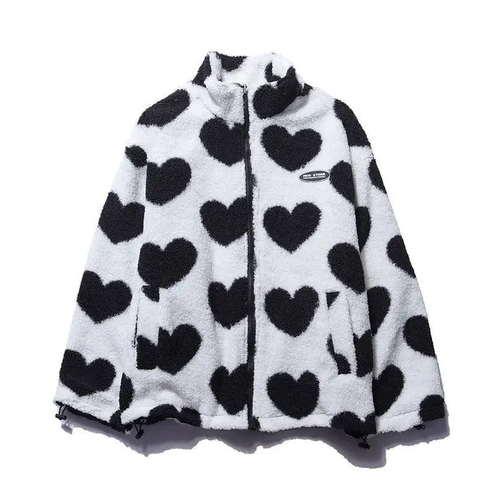 Women's Fleece Jacket with Zipper and Heart Pattern