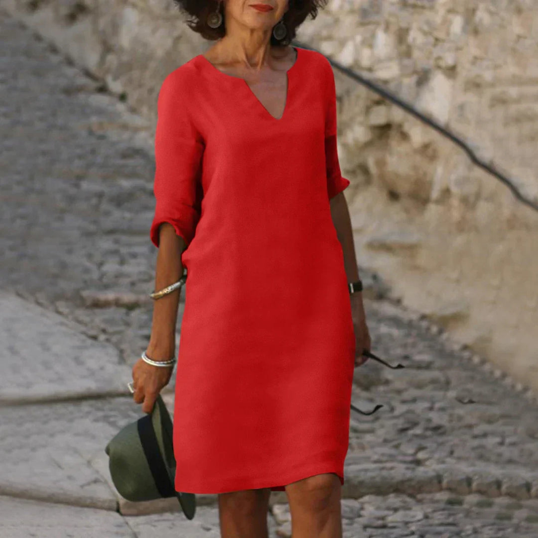 Women’s Elegant V-Neck Knee-Length Dress with 3/4 Sleeves