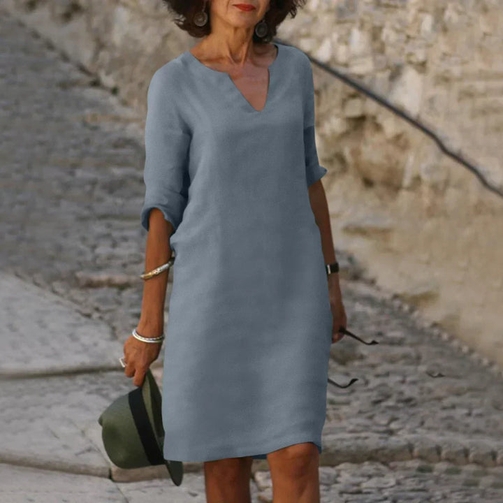 Women’s Elegant V-Neck Knee-Length Dress with 3/4 Sleeves