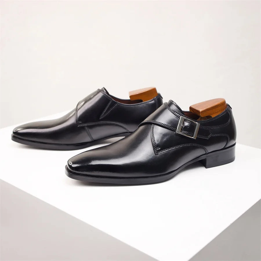 Men's Leather Monk Strap Shoes with Buckle Closure