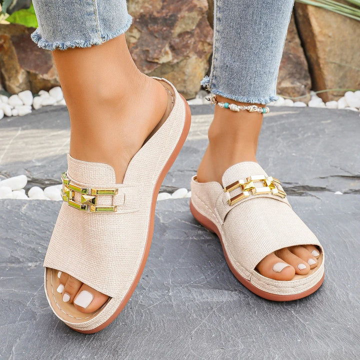 Women’s Slip-On Comfort Wedge Sandals with Decorative Detail