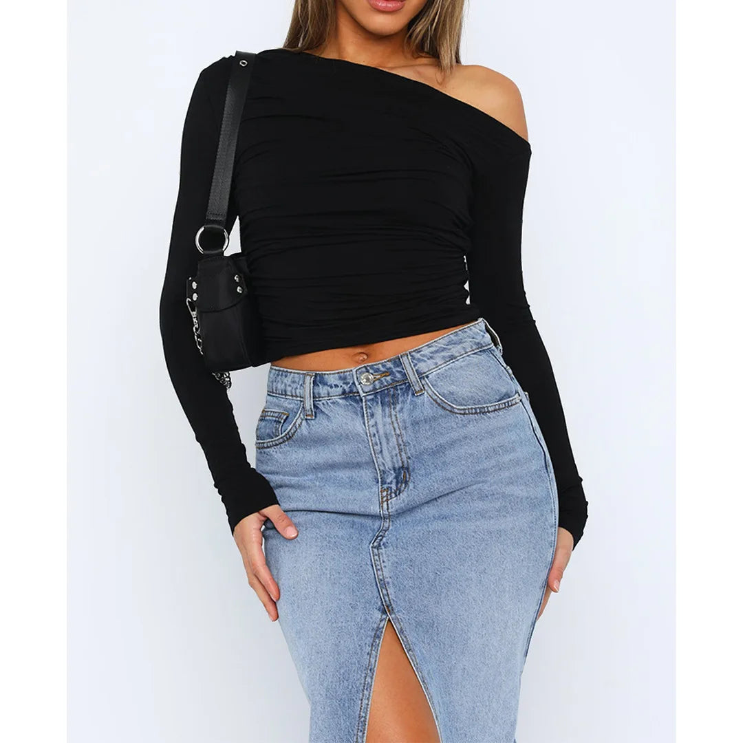 Women’s Off-Shoulder Ruched Long Sleeve Top – Fitted Silhouette