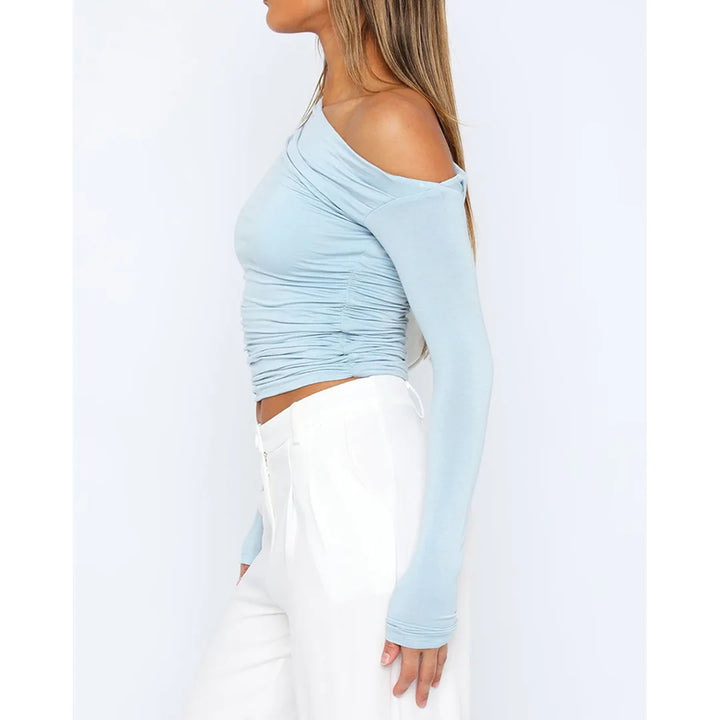 Women’s Off-Shoulder Ruched Long Sleeve Top – Fitted Silhouette