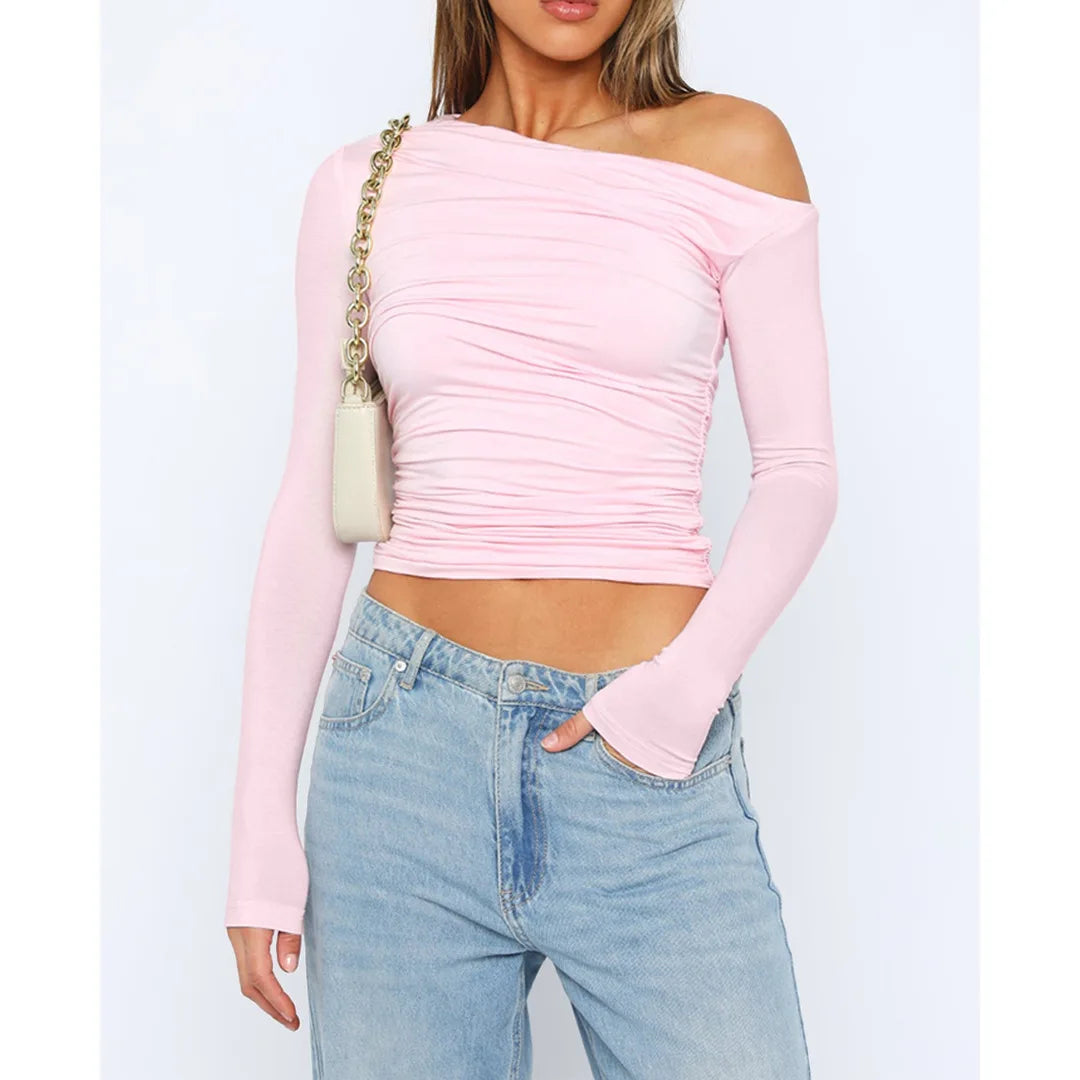 Women’s Off-Shoulder Ruched Long Sleeve Top – Fitted Silhouette