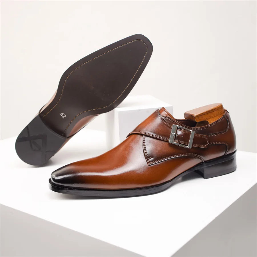 Men's Leather Monk Strap Shoes with Buckle Closure