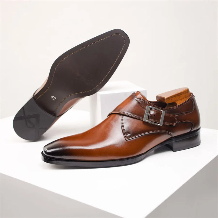 Men's Leather Monk Strap Shoes with Buckle Closure