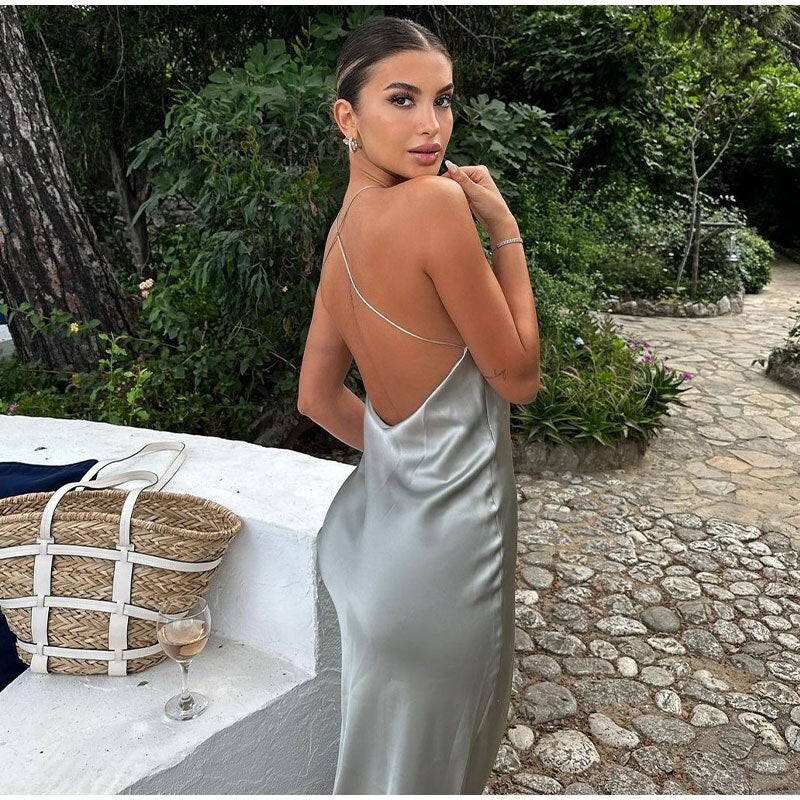 Women’s Elegant Halter Neck Satin Maxi Dress