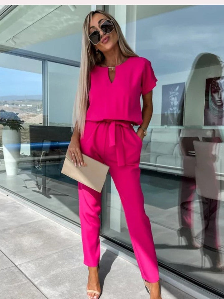 Women’s Elegant Two-Piece Set with Short Sleeve Top and Belted Pants