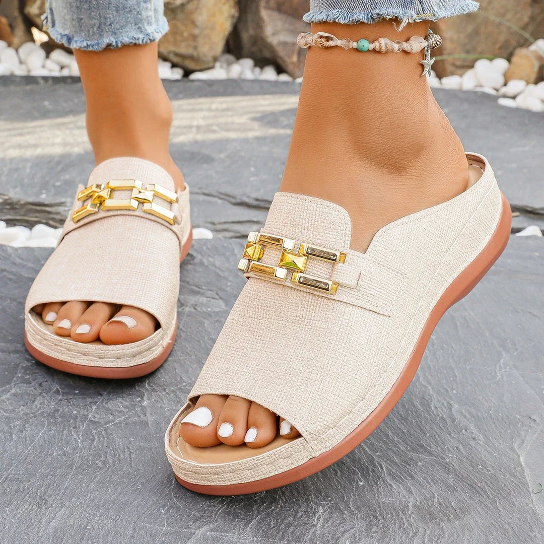 Women’s Slip-On Comfort Wedge Sandals with Decorative Detail