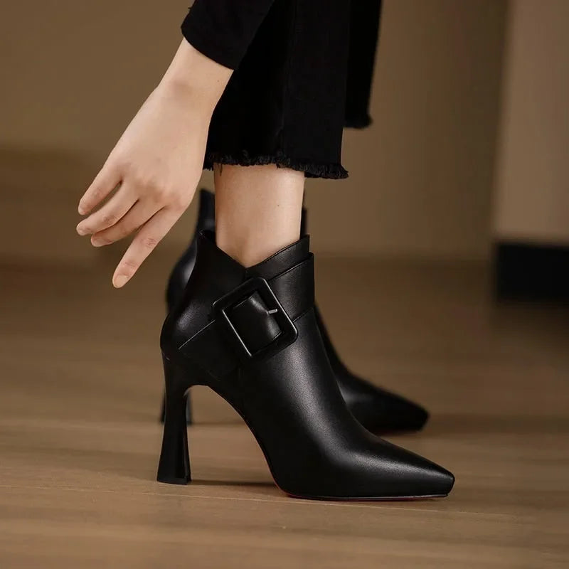 Women's Heeled Ankle Boots with Decorative Buckle