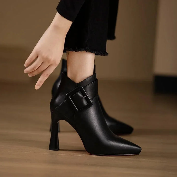 Women's Heeled Ankle Boots with Decorative Buckle