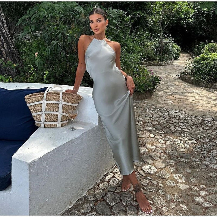 Women’s Elegant Halter Neck Satin Maxi Dress