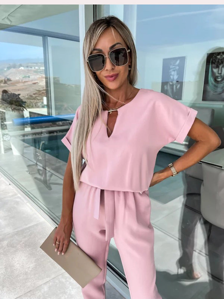Women’s Elegant Two-Piece Set with Short Sleeve Top and Belted Pants