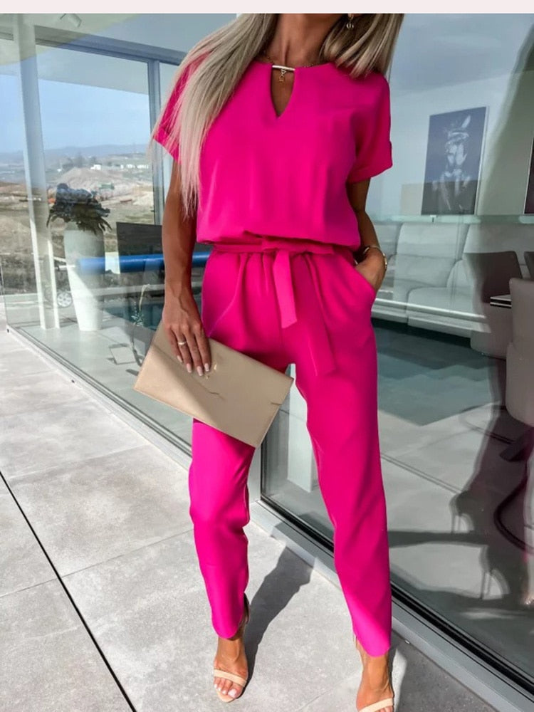 Women’s Elegant Two-Piece Set with Short Sleeve Top and Belted Pants