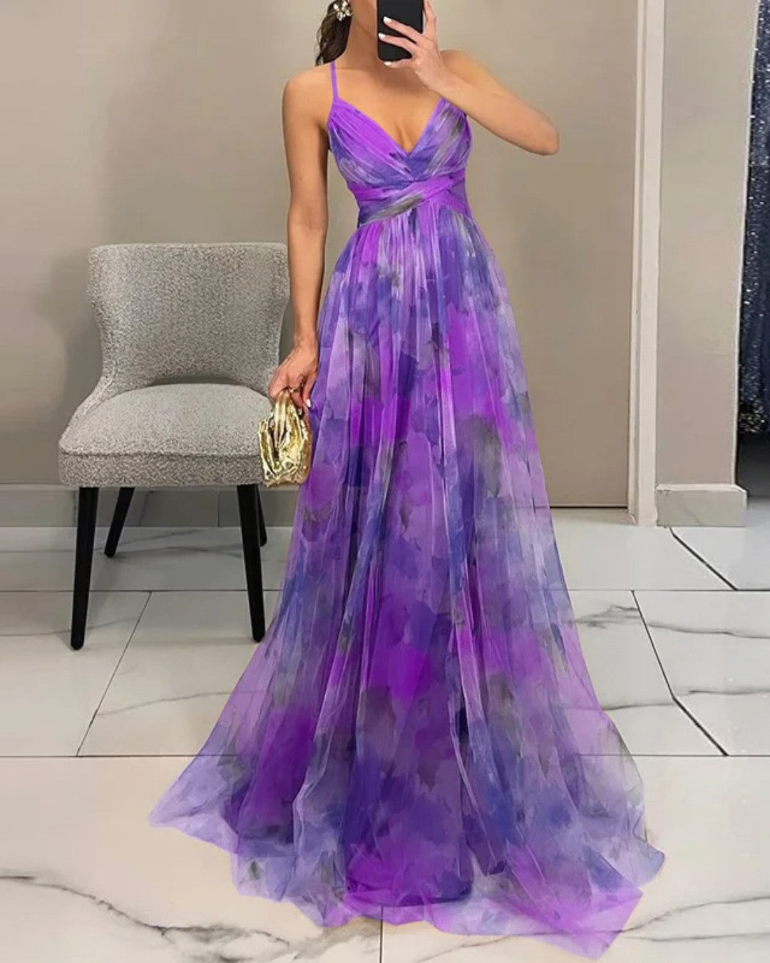 Boho Watercolor Maxi Dress with V-Neck