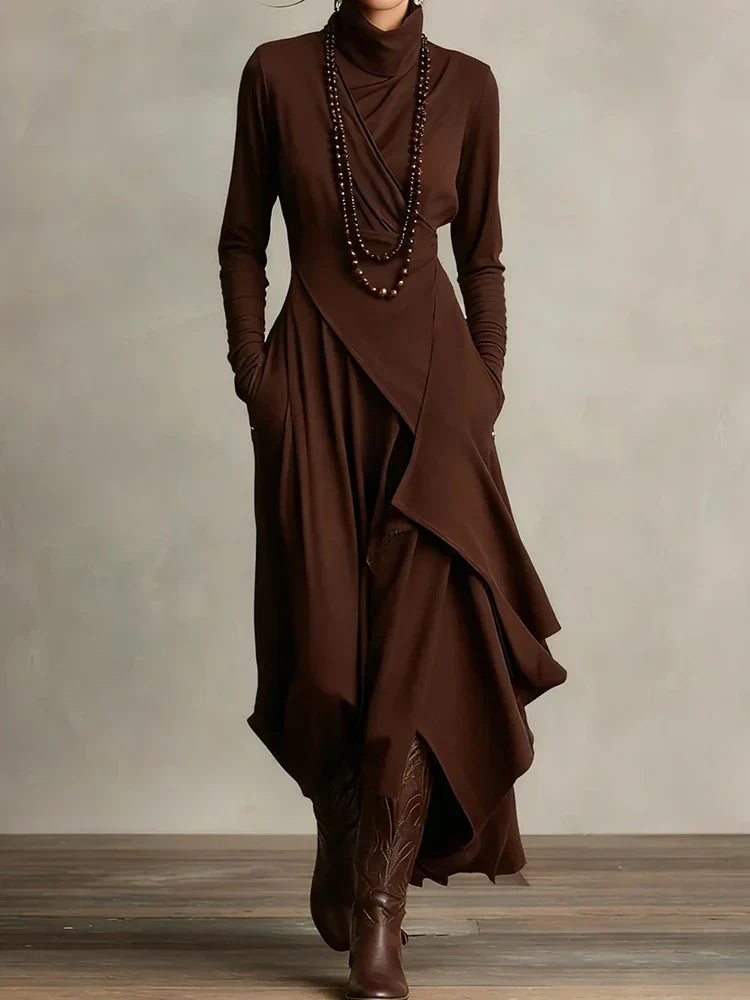 Natalia | Asymmetrical Knit Maxi Dress with Turtleneck