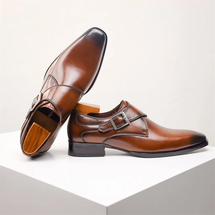 Men's Leather Monk Strap Shoes with Buckle Closure