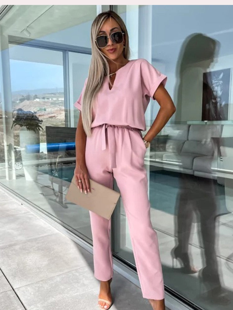 Women’s Elegant Two-Piece Set with Short Sleeve Top and Belted Pants
