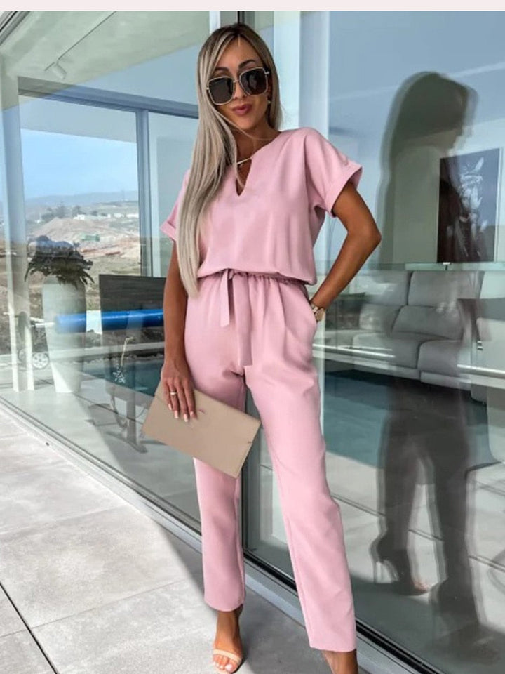 Women’s Elegant Two-Piece Set with Short Sleeve Top and Belted Pants
