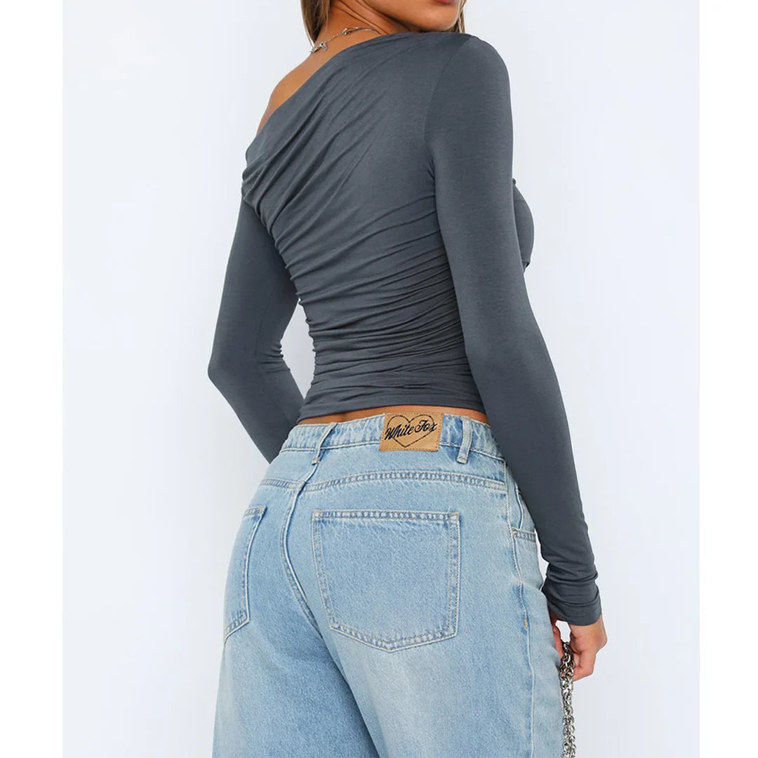 Women’s Off-Shoulder Ruched Long Sleeve Top – Fitted Silhouette