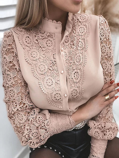 Women’s Elegant Lace Blouse with High Neck and Button Closure