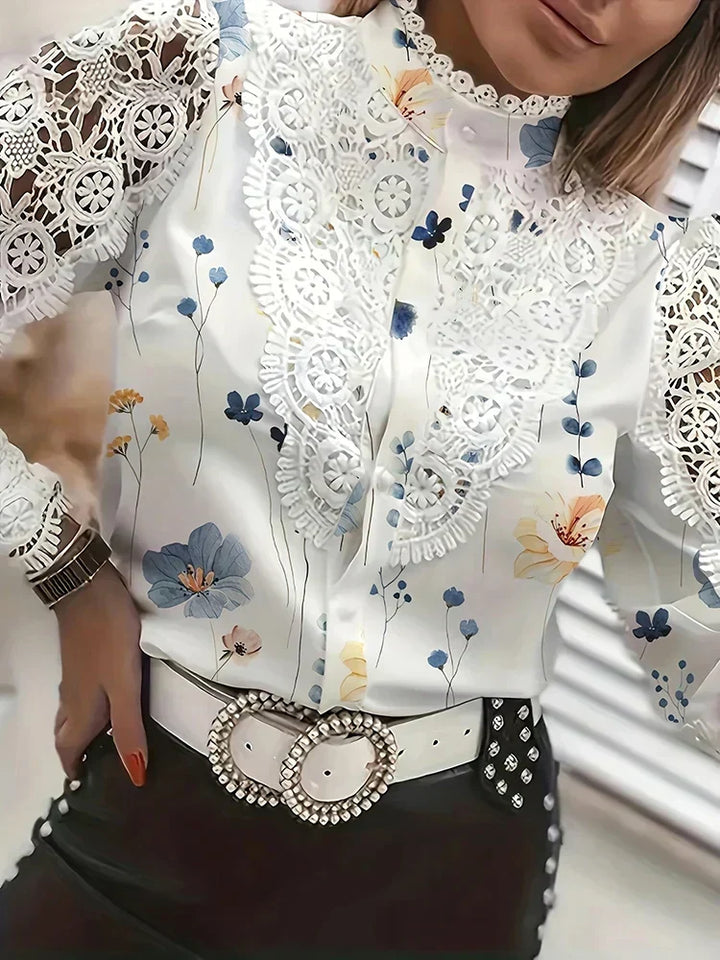 Women’s Elegant Lace Blouse with High Neck and Button Closure