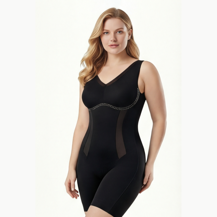 Women's shaping bodysuit without sleeves with a V-neck that slims