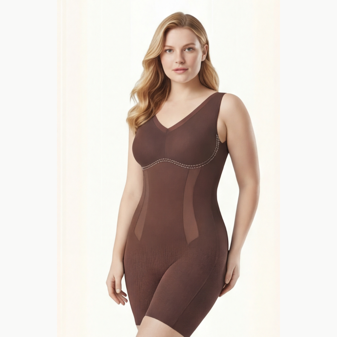 Women's shaping bodysuit without sleeves with a V-neck that slims