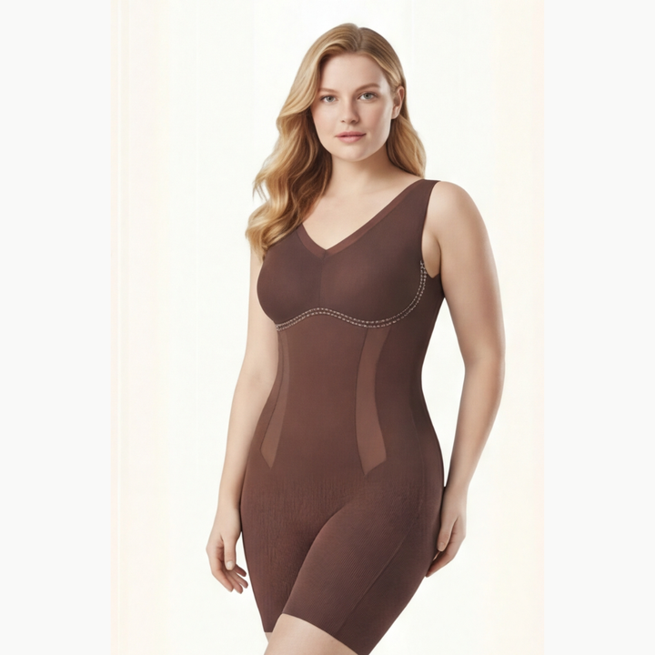 Women's shaping bodysuit without sleeves with a V-neck that slims