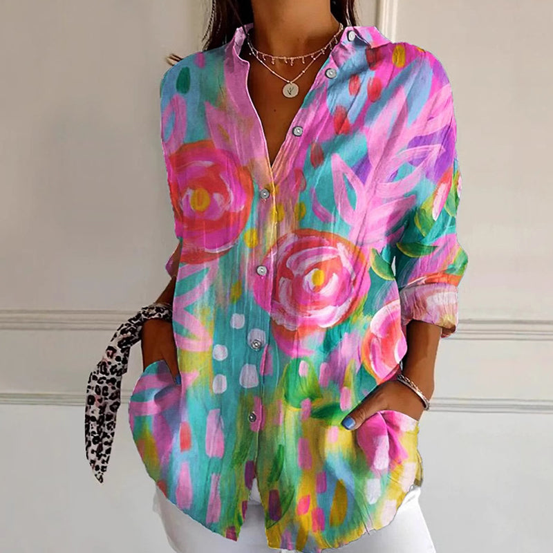 Women’s Colorful Floral Button-Up Blouse