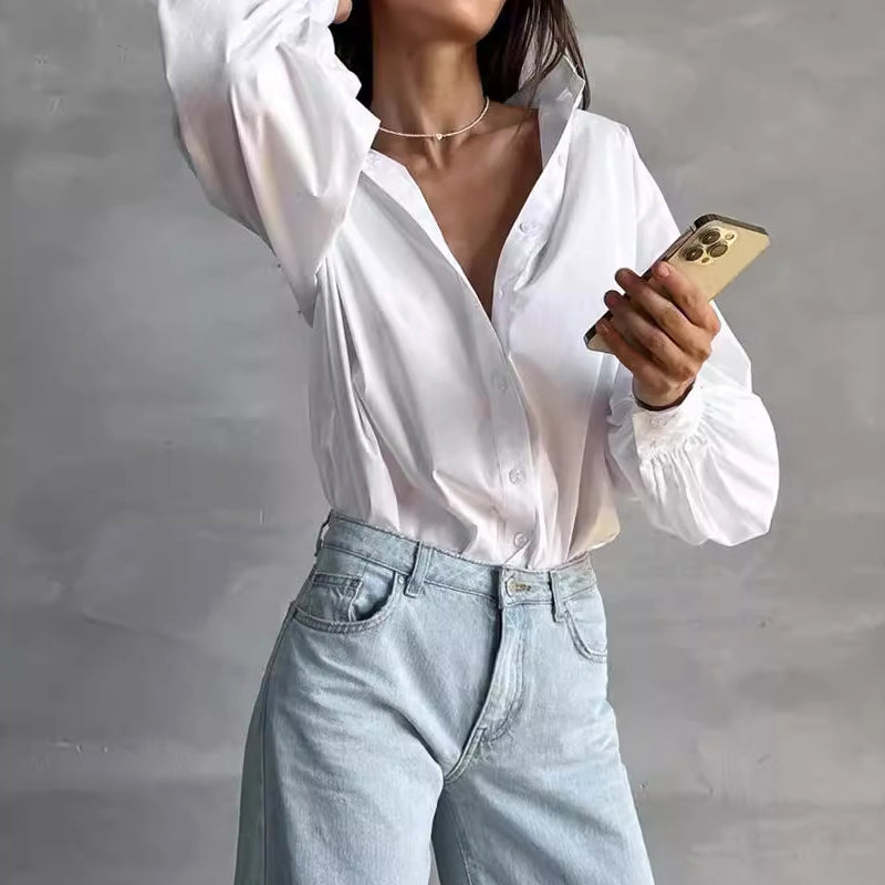 Women’s Oversized Button-Up Blouse with Bishop Sleeves