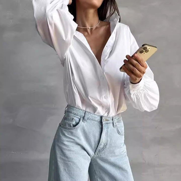 Women's Oversized Shirt with Collar and Long Sleeves