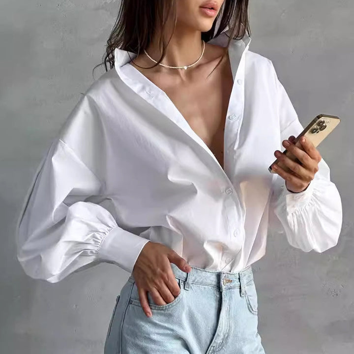 Women's Oversized Shirt with Collar and Long Sleeves