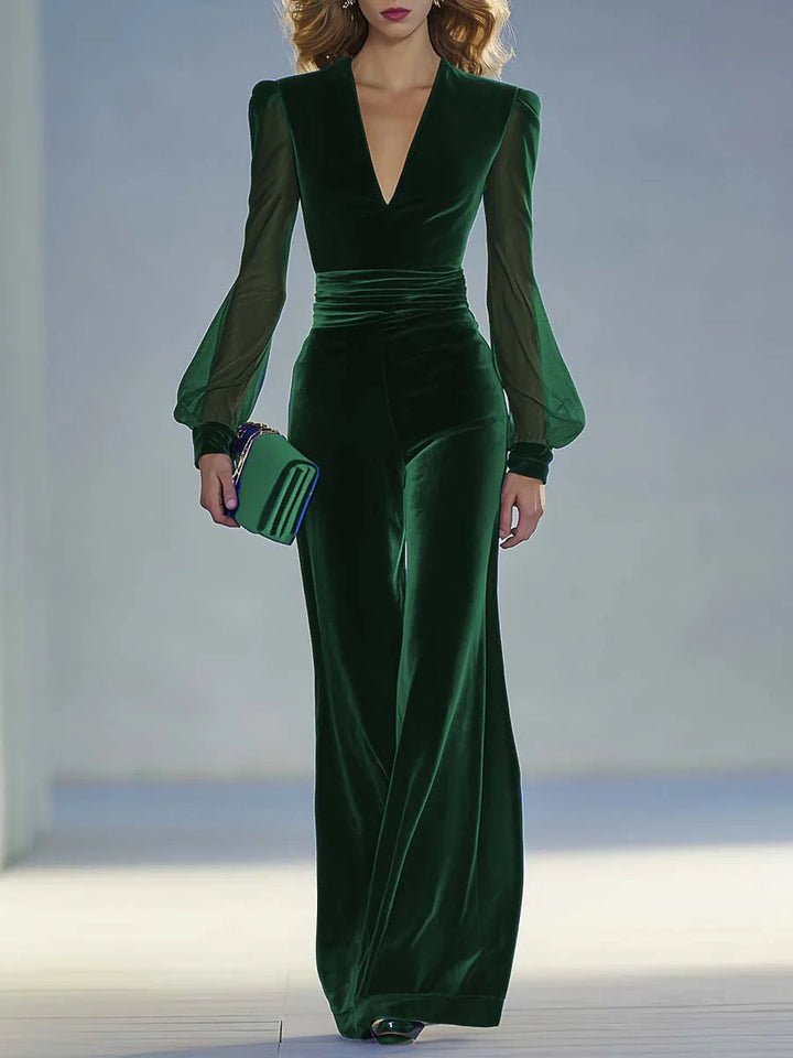Women's Jumpsuit | Elegant Long with V-Neck and Long Sleeves