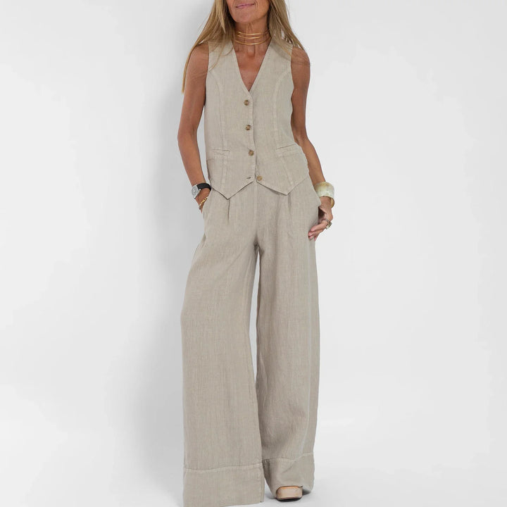 Women’s Casual Linen Two-Piece Vest & Wide-Leg Pants Set