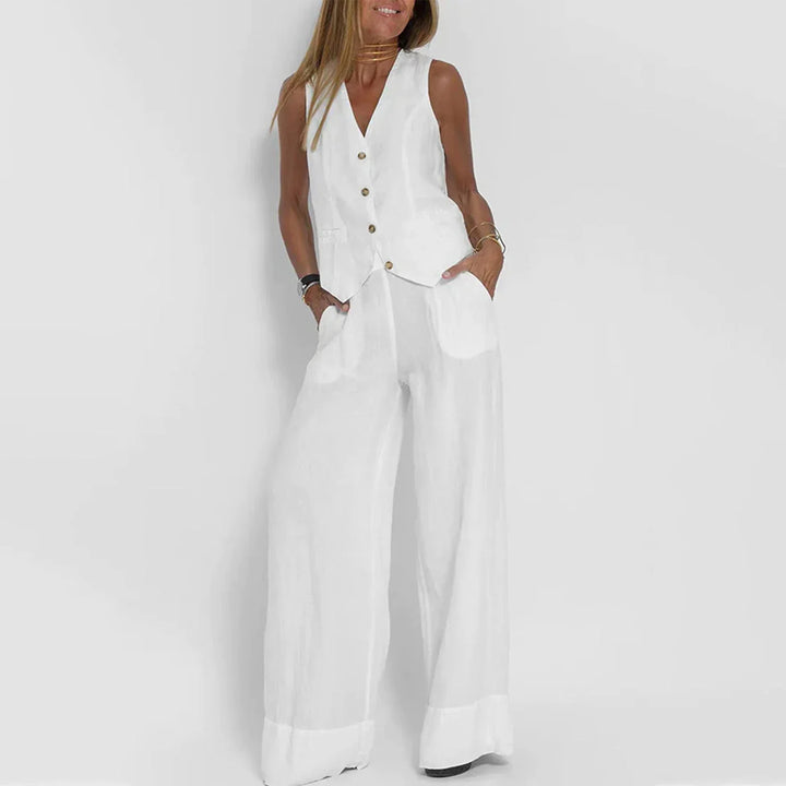 Women’s Casual Linen Two-Piece Vest & Wide-Leg Pants Set
