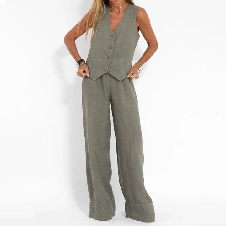 Women’s Casual Linen Two-Piece Vest & Wide-Leg Pants Set