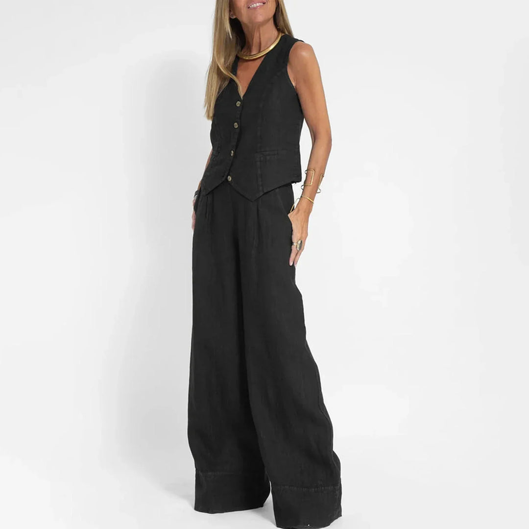 Women’s Casual Linen Two-Piece Vest & Wide-Leg Pants Set