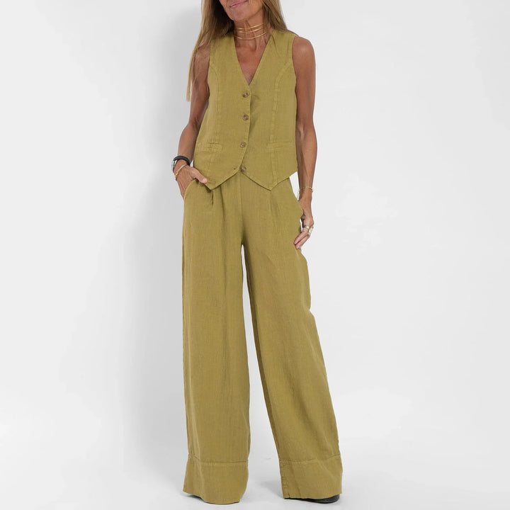 Women’s Casual Linen Two-Piece Vest & Wide-Leg Pants Set