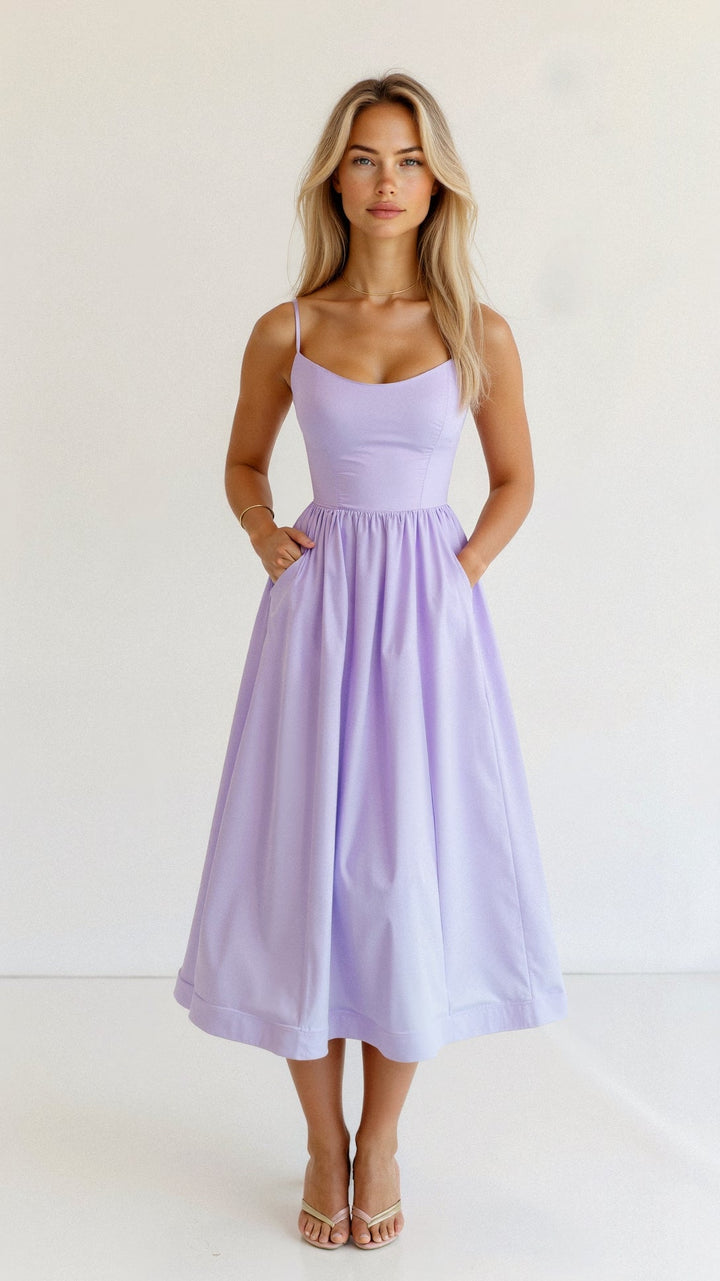Women's Midi Dress - Spaghetti Strap Scoop Neck Gathered A-Line Skirt