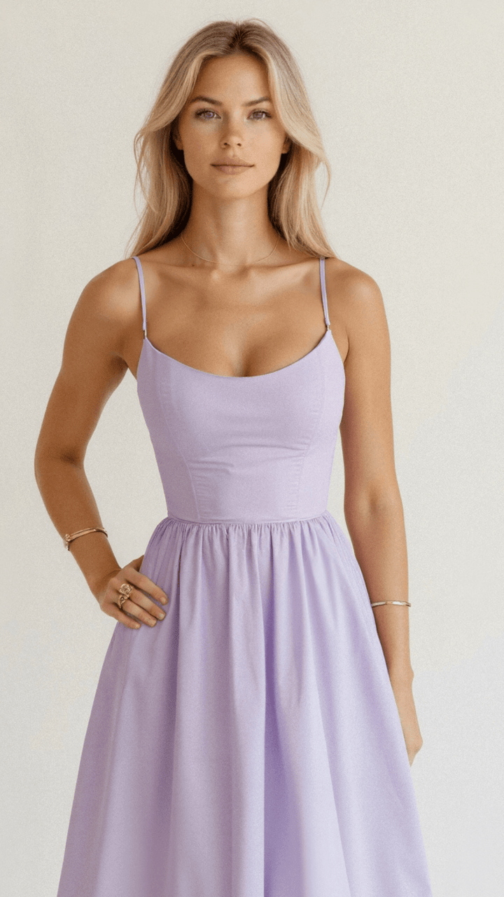 Women's Midi Dress - Spaghetti Strap Scoop Neck Gathered A-Line Skirt