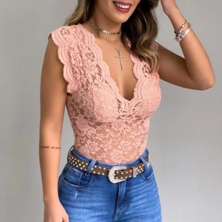 Women's Sleeveless Lace Blouse with V-Neck